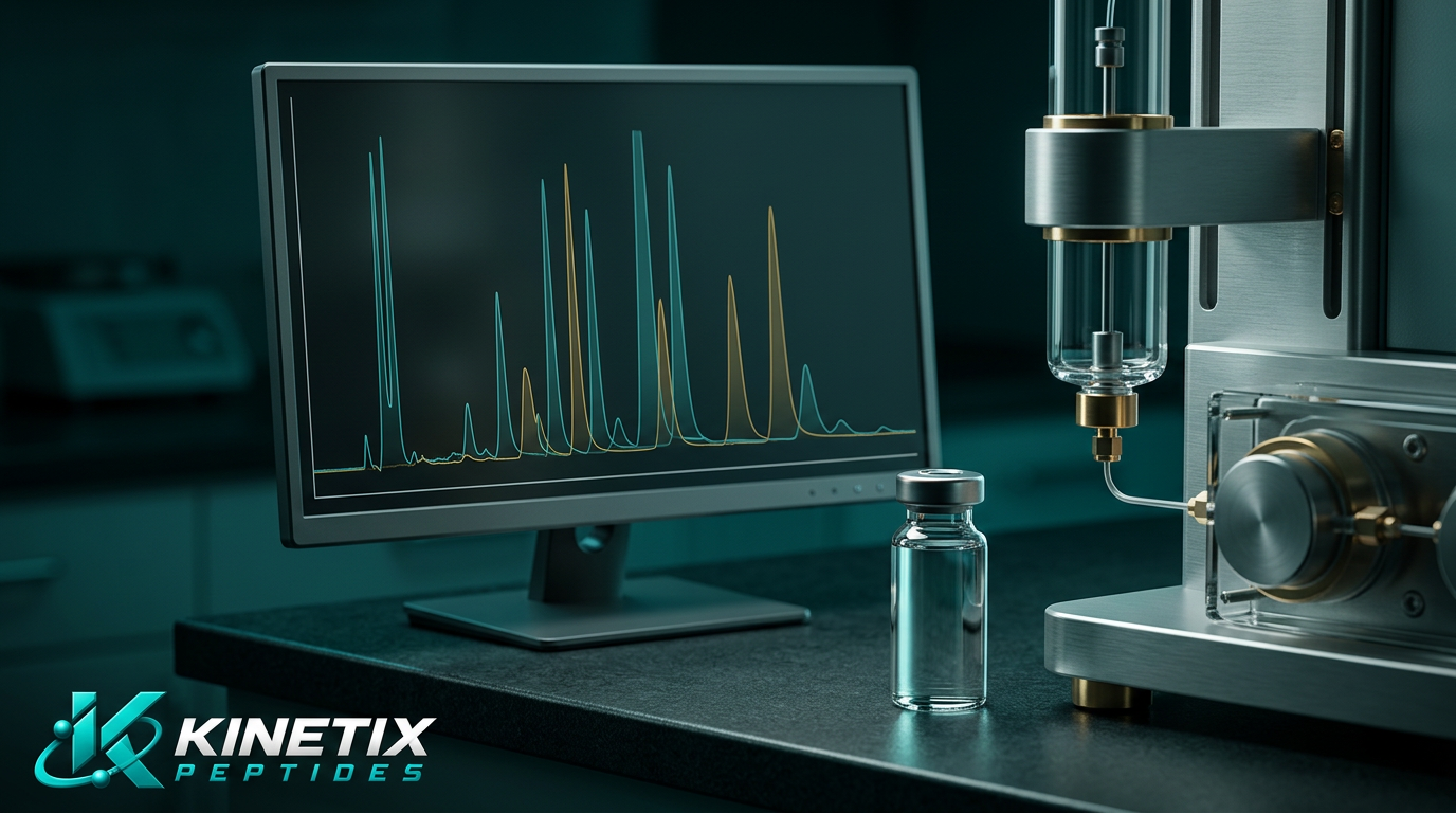Illustrative laboratory scene for What Does 99% Peptide Purity Actually Mean? with the Kinetix Peptides logo