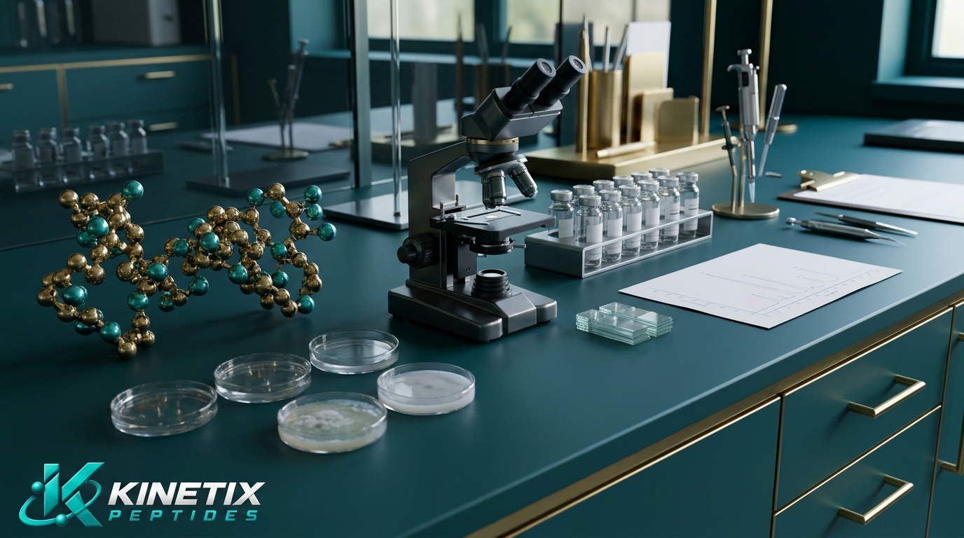 Illustrative laboratory scene for What Is BPC-157? Research Background and Current Scientific Evidence with the Kinetix Peptides logo