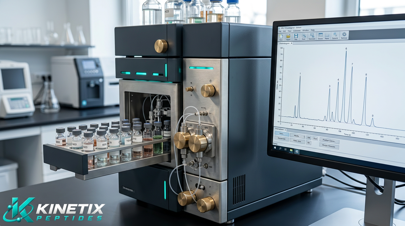 Illustrative HPLC laboratory equipment and chromatogram with Kinetix Peptides branding