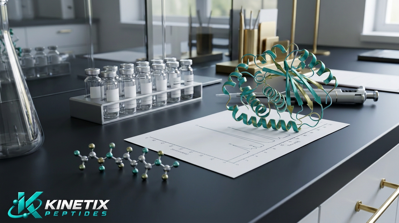Illustrative laboratory scene for Peptides vs. Proteins: What’s the Difference? with the Kinetix Peptides logo
