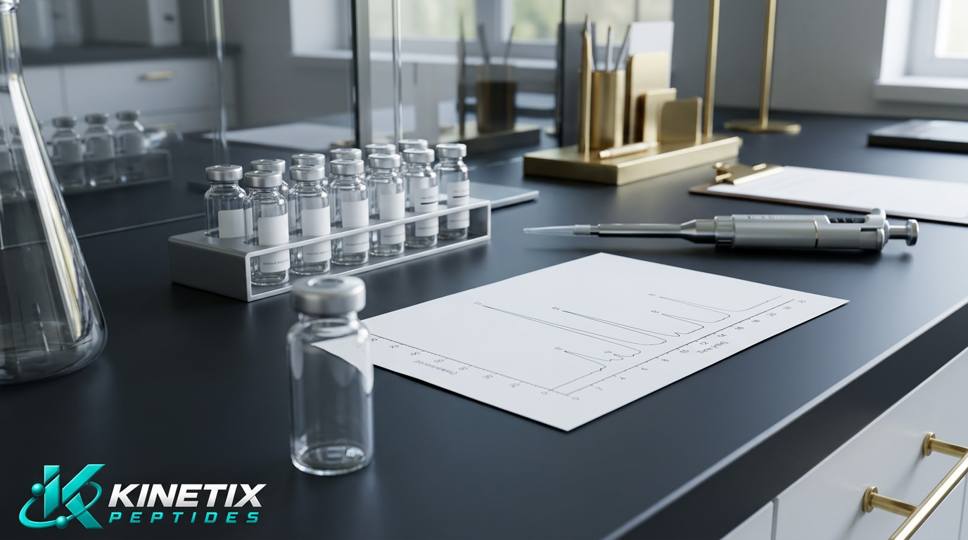 Illustrative sample vials and chromatography chart with Kinetix Peptides branding