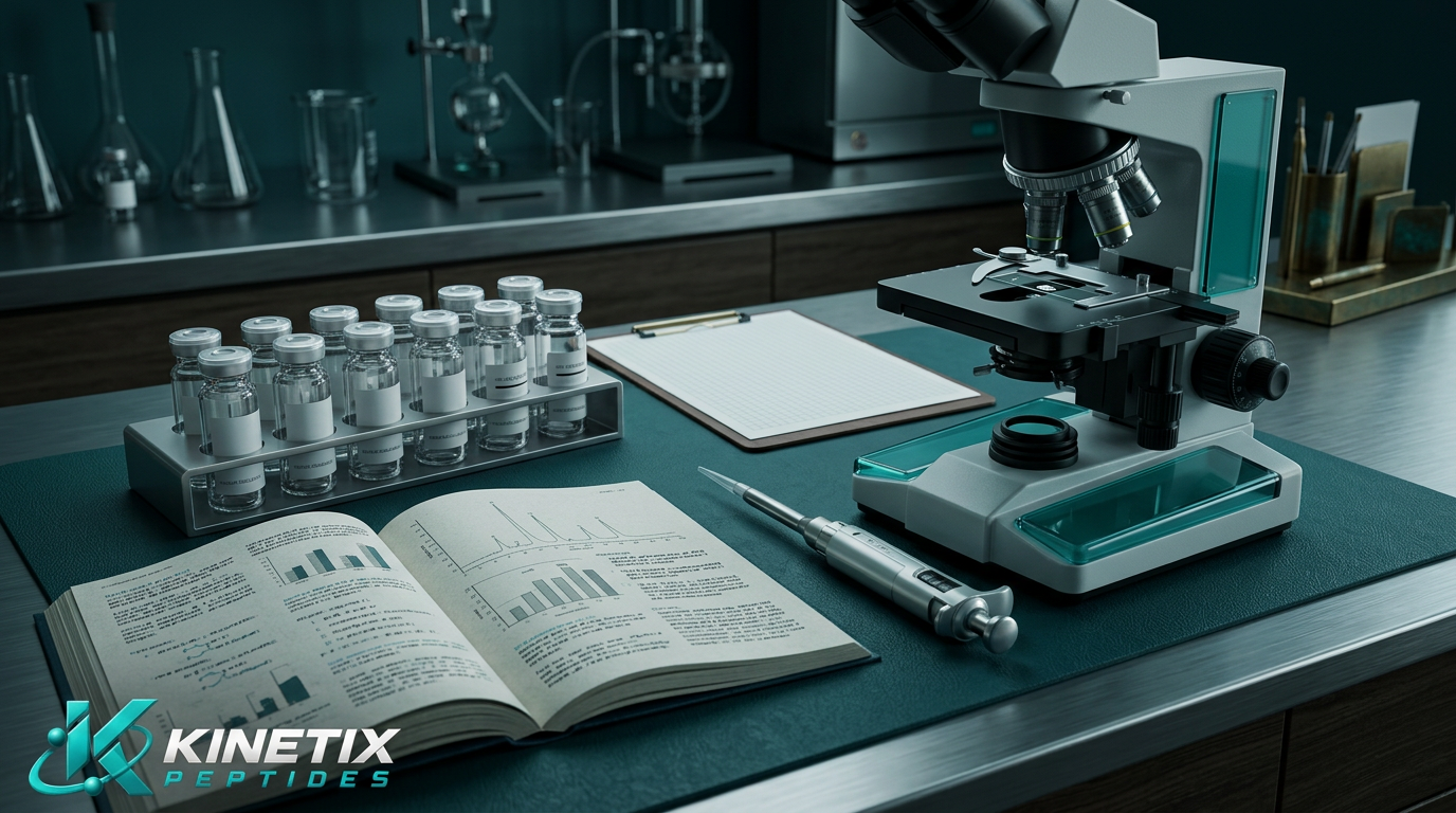Illustrative laboratory scene for Are Research Peptides Safe? What Science Can and Cannot Tell Us with the Kinetix Peptides logo